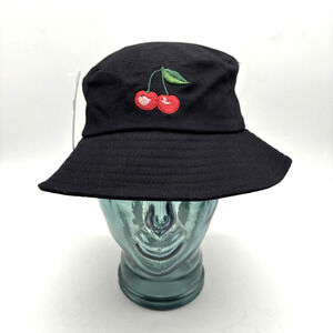 NWT No Boundaries Black Canvas Cherry Embroidered Bucket Hat Adult OSFM